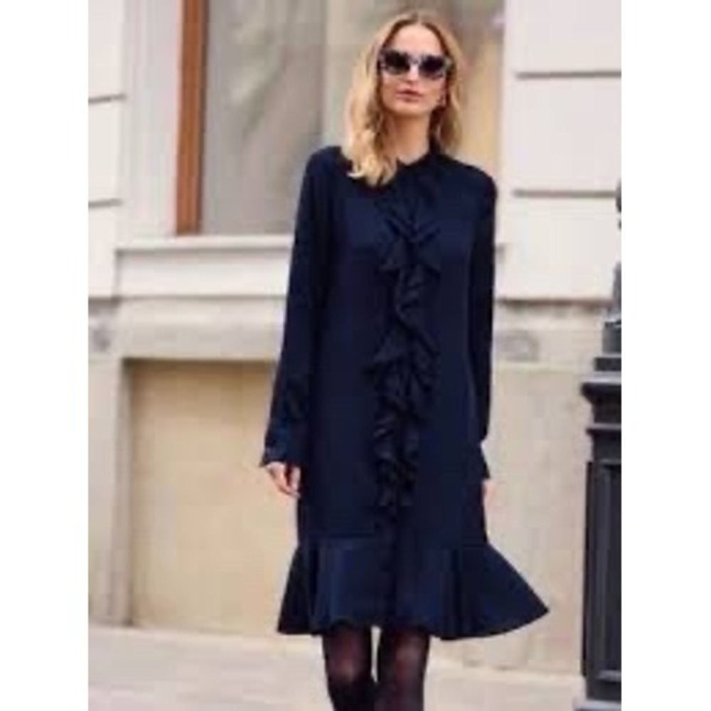 Tory Burch Navy Blue Jane Ruffle Front Silk Blend Shift Dress Size 14